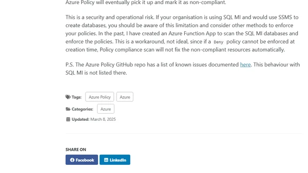 Azure Policy Limitation for SQL MI Databases