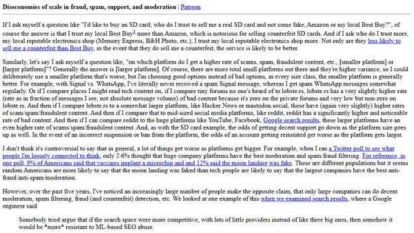 Diseconomies of scale in fraud, spam, support, and moderation