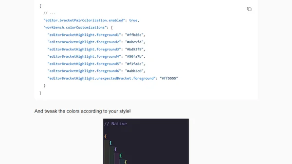 How to configure VS Code Bracket Pair Colors natively