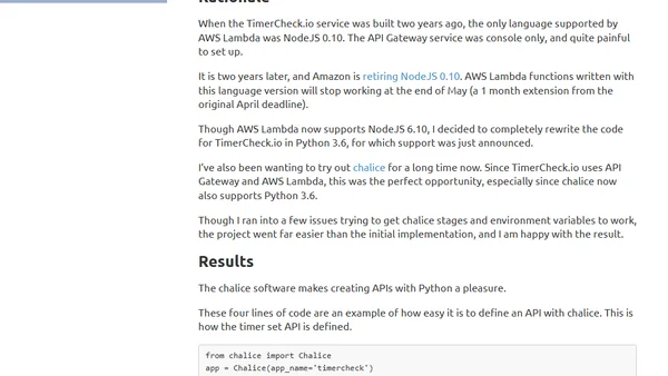 Rewriting TimerCheck.io In Python 3.6 On AWS Lambda With Chalice