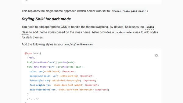 How to change light and dark Shiki themes when using Astro