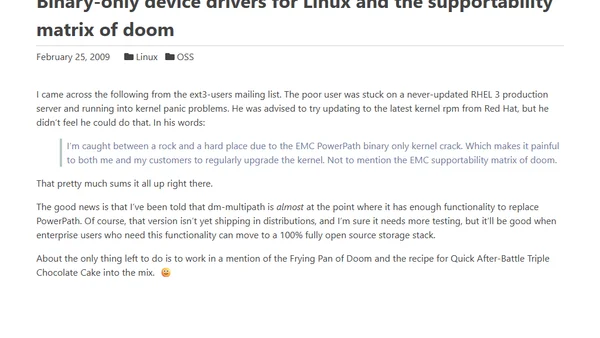 Binary-only device drivers for Linux and the supportability matrix of doom