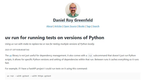 uv run for running tests on versions of Python